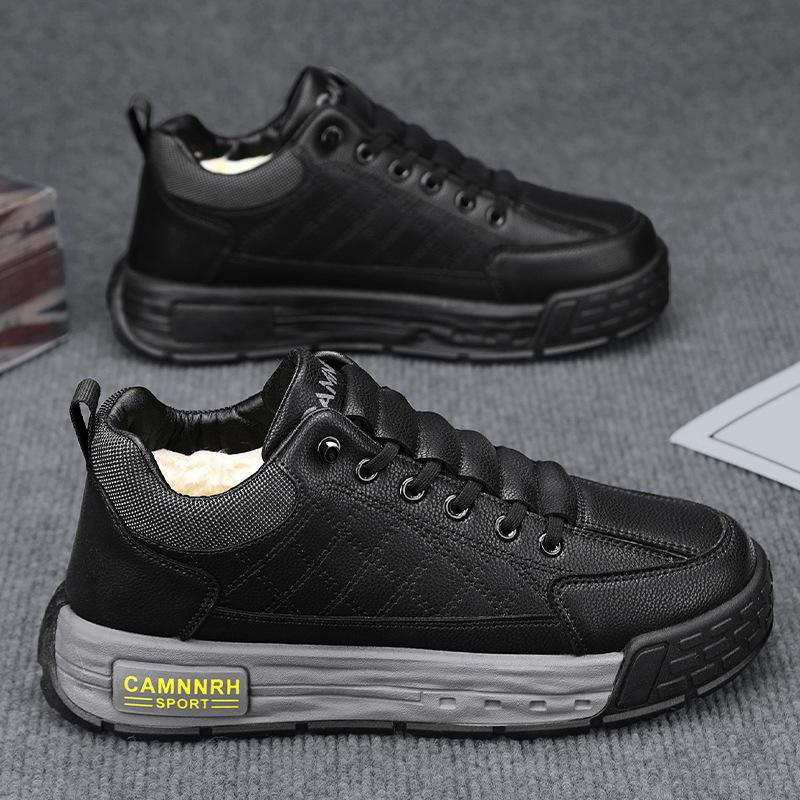 Winter New Velvet Warm Cotton Shoes Leather Surface Low-top Strap-free Foot Cover Outdoor Sports and Leisure Thickened Men's Shoes