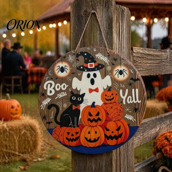 Halloween Wooden Hanging Sign Boo Wood Door Hanger with Cute Ghost Black Hat Pumpkin Print, Front Cat Wall Decor Porch Decor, Round Plaque for Indoor