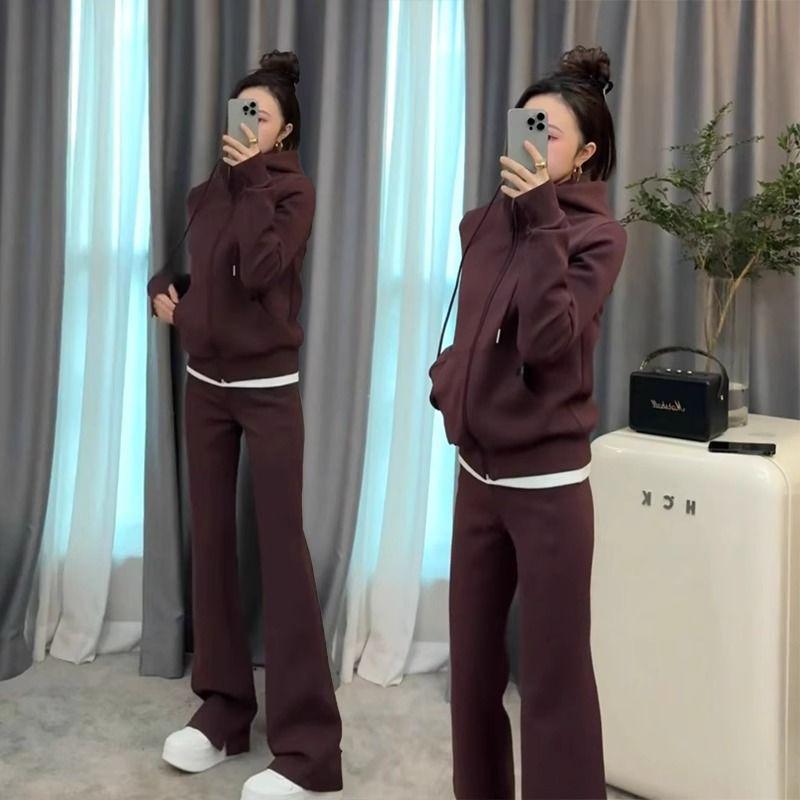 Stylish Plus Size Women's Sportswear: Hooded Jacket & Wide-Leg Pants Set for Spring & Autumn (300 Jin)