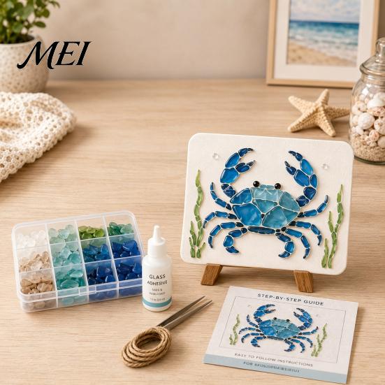 Nautical Beach Theme Craft DIY Sea Glass Art Mosaic Kit, Ocean Animal Themed Set for Adults Environmental Friendly Materials Beginner, Handmade