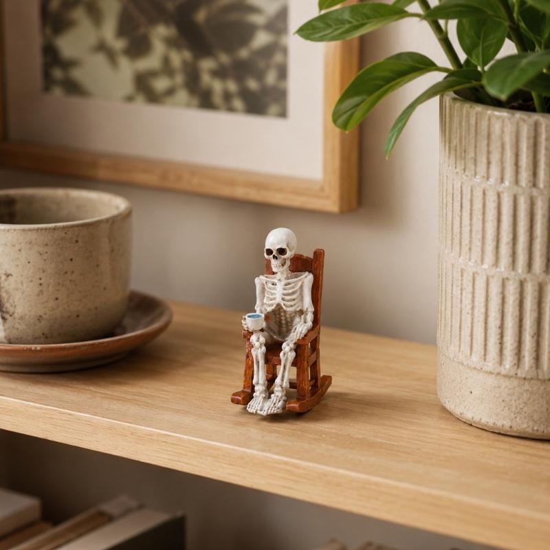 Halloween Rocking Chair Figure for Shelf Display and Room Styling, Skull Home Accent for Bookcase and Entry Placement