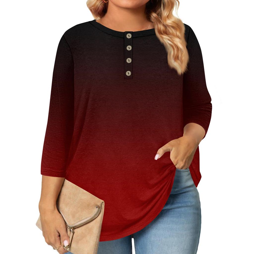 Women's Large Size Print 3/4 Sleeve Button Collar Top T-Shirt Bottoming Shirt