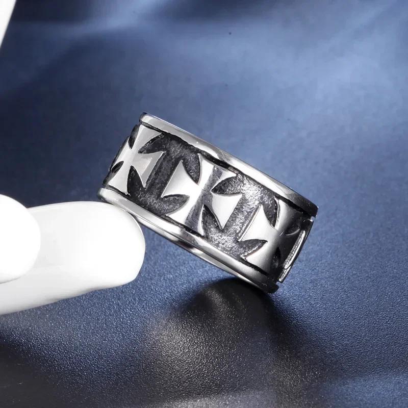 Silver Knight Templar Cross Ring Black Punk Crusader Band for Men Gothic Promise Jewelry