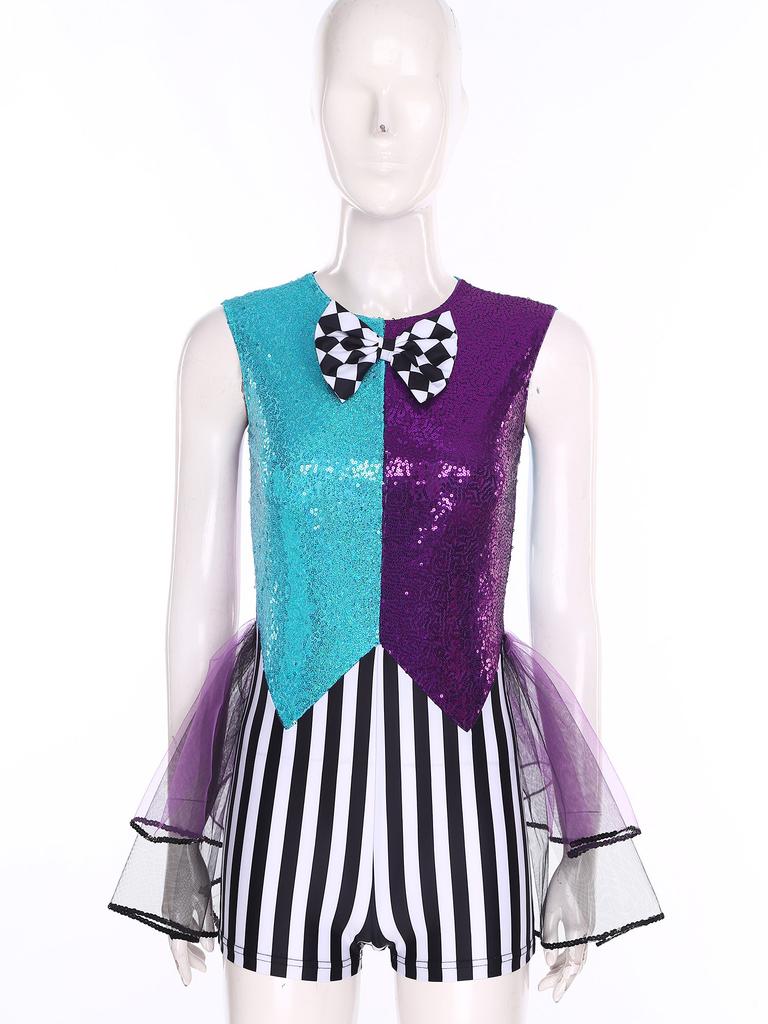 S-3XL Women’s Halloween Jumpsuit: Color Blocking Sequin & Striped Patchwork Checker Bowtie Tiered Tulle Hem Cutout Rompers Mad Costume