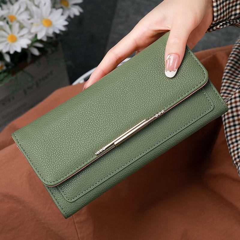 Women's wallet long three-fold lychee pattern fashion light luxury women's multi-card card bag ID clip change bag wallet