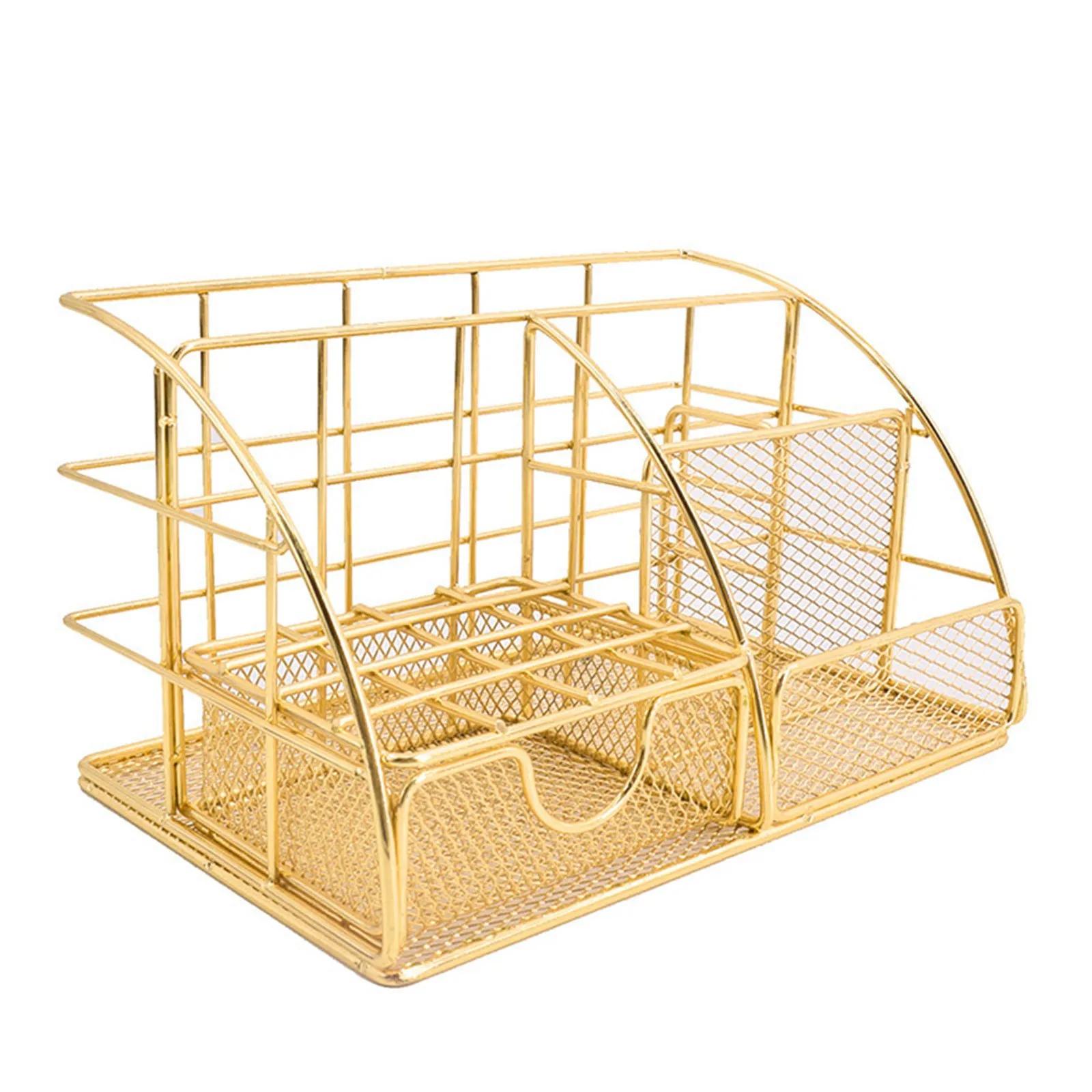 Iron Storage Rack Desktop Book Pen Storage Box Large-capacity Basket Home Office Desktop Sundries Makeup Brushes Holder золотой