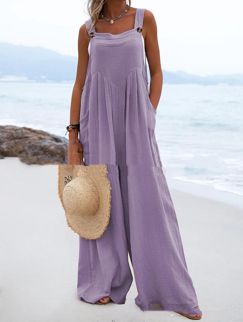 2024 Women's Ethnic Style Sleeveless Wide-Leg Button Jumpsuit