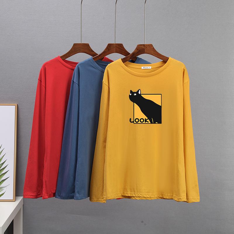 Hirsionsan Casual Loose T Shirt Women Spring New Simple Cute Cat O-neck Tees Female Fashion Long Sleeve All-match Tops for Girls