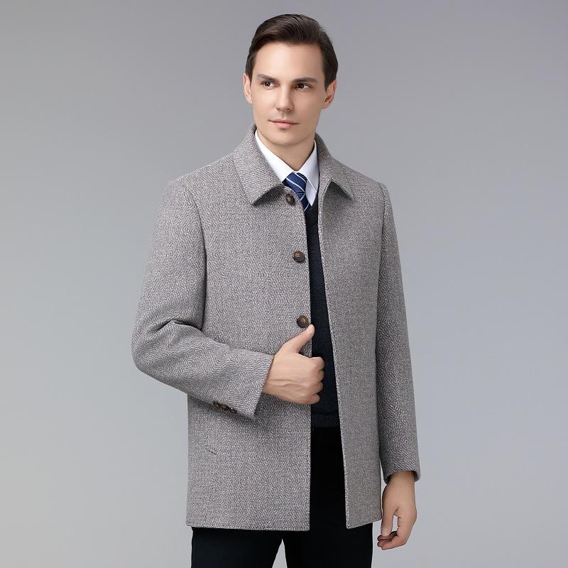 Men's Woolen Coat Mid-length Winter Velvet Thickened Wool Woolen Lapel Dad Coat