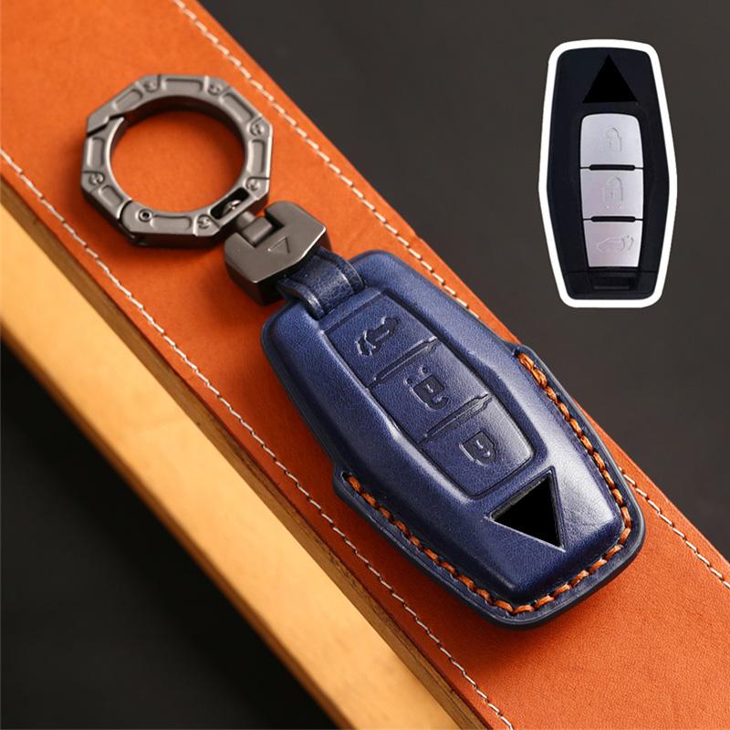 Leather Car Key Case Fob Cover Shell Keychain for Mitsubishi Outlander 2023 2/3 Bottons Car Smart Remote Key Holder Accessories