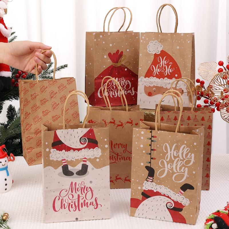 Christmas Candy Gift Box with Handle Kraft Paper Cookie Snack Packing Bags Santa Claus Snowflake Pattern Xmas Gifts Packaging
