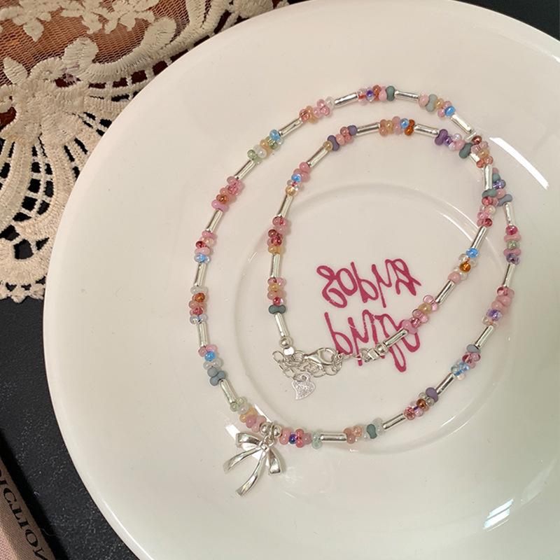 Sweet Colorful Crystal Bead Bow Necklace for Women Girls Bohemian Handmade Beads Chain Choker Necklace Fashion Jewelry Gifts