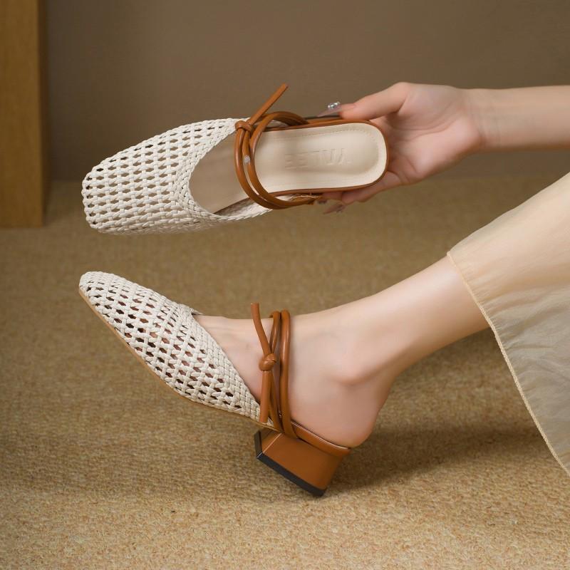 Fashion Soft Fur Woven Breathable Sandals New Square Toe Shallow Mouth Woven Baotou Half Slippers for Women's Summer Wear
