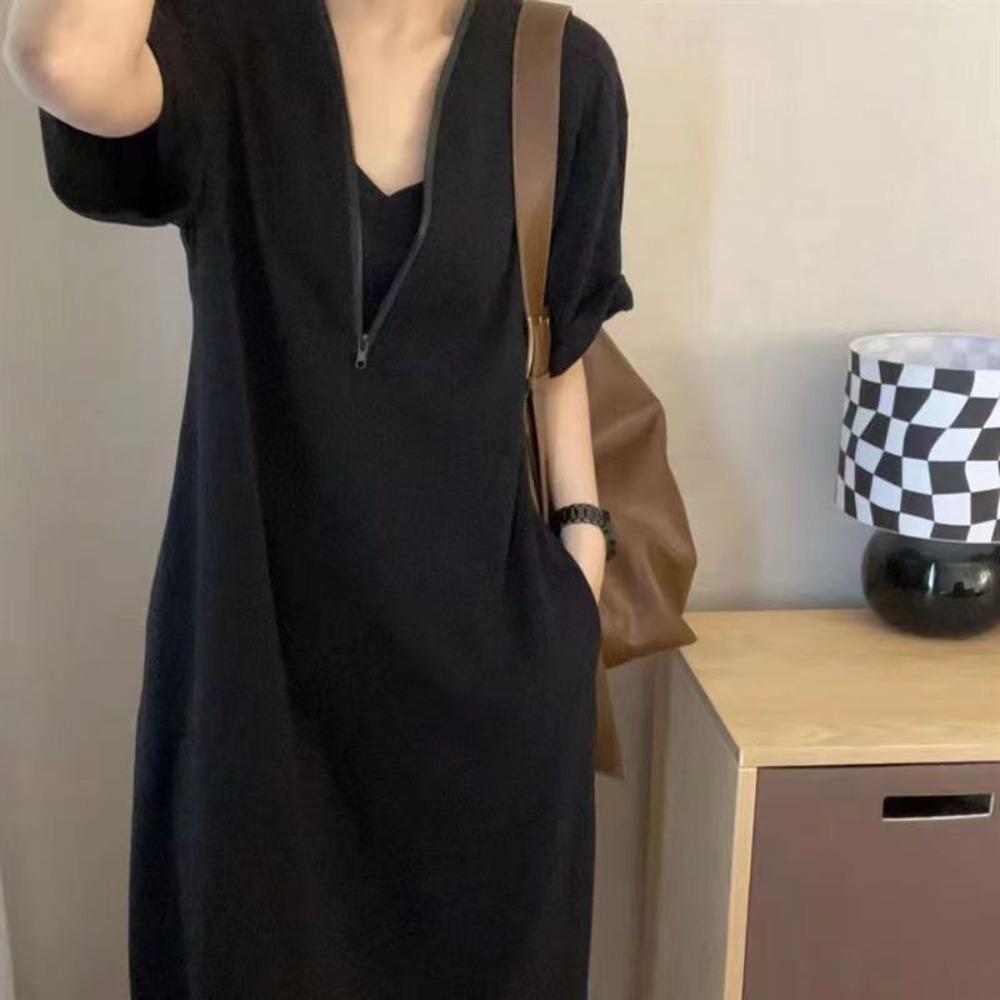 

Zipper Loose Dress Women V Neck Large Size Dress Fashion Simple Long Dress Girls L чёрный