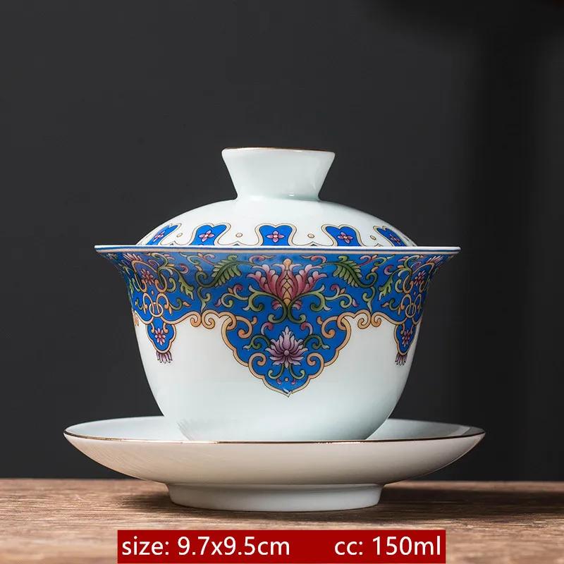 

150ml Exquisite Enamel Ceramic Gaiwan Travel Tea Cup Set Handmade Tea Tureen Chinese Teaware Accessories Household Drinkware