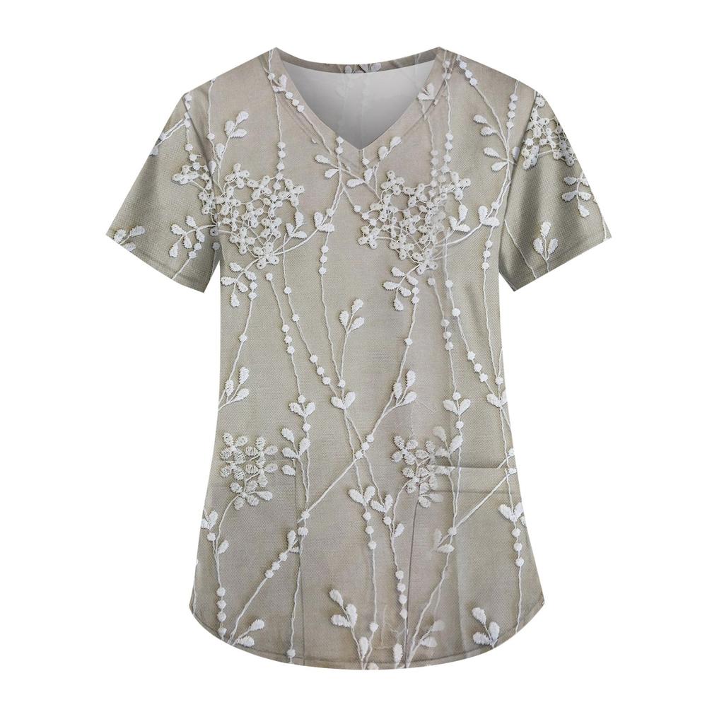 Plus Size Printed Scrub Working Uniform Tops For Women's V-Neck Short Sleeve Fun T-Shirts Workwear Tee With Pockets