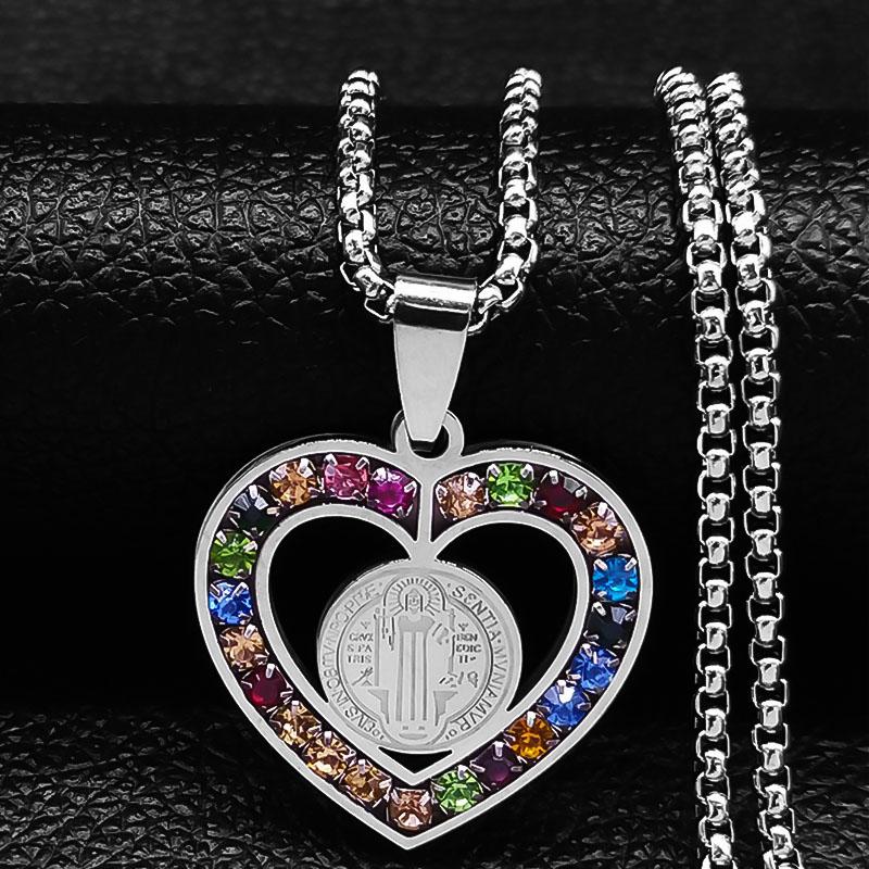 Stainless Steel Mix Color Crystal Saint Benedict Pendant Necklace Color Christian Necklaces Jewelry San Benito N6571SR