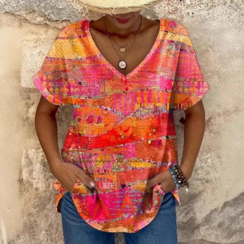 Camisetas Casuales de Manga Corta para Mujer con Estampado 3D y Cuello en V, Moda Retro