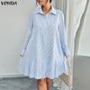 VONDA Elegant Women Lapel Neck Long Sleeve Striped Ruffled Casual Shirts Dress