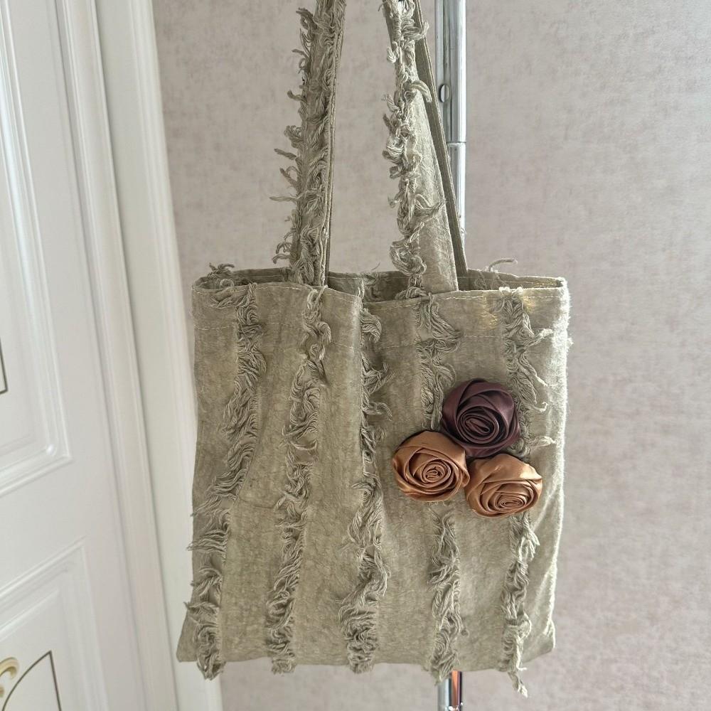 

Large Capacity Linen Jacquard Tote Bag Korean Style Lightweight Bag Decorated with Roses Solid Color Polyester Flax Raw Edge Bag