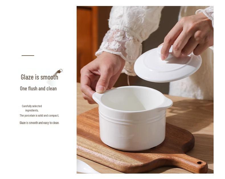 Double-Eared Insulated Ceramic Stewing Pot with Lid for Soups and Egg Custard