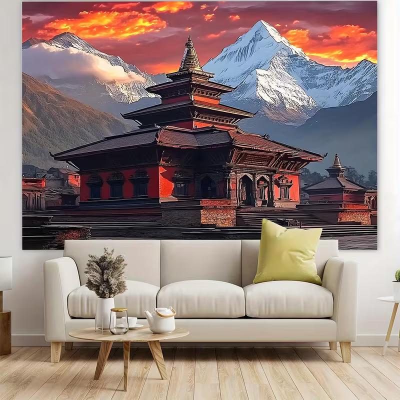 

2D Traditional Nepali Pagoda Temple Tapestry Mountain Landscape Background Cloth 47.2x31.5inch/120*80cm