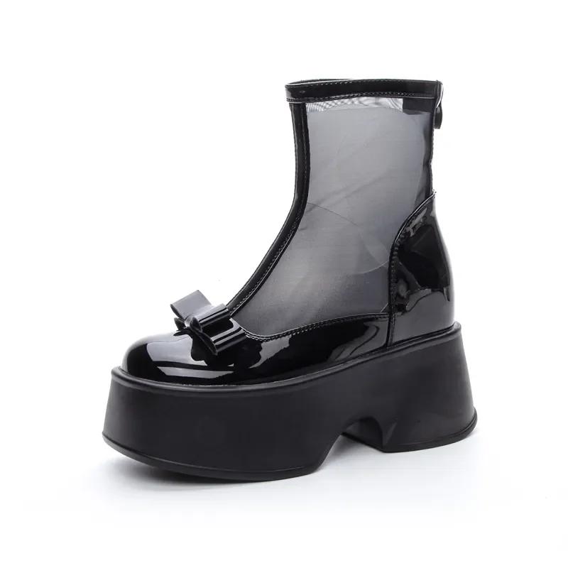 

Модные 11 см сетчатые дышащие весенние мотоциклетные ботильоны летние женские полые ботинки на молнии женские модные лакированные туфли сандалии 33 чёрный