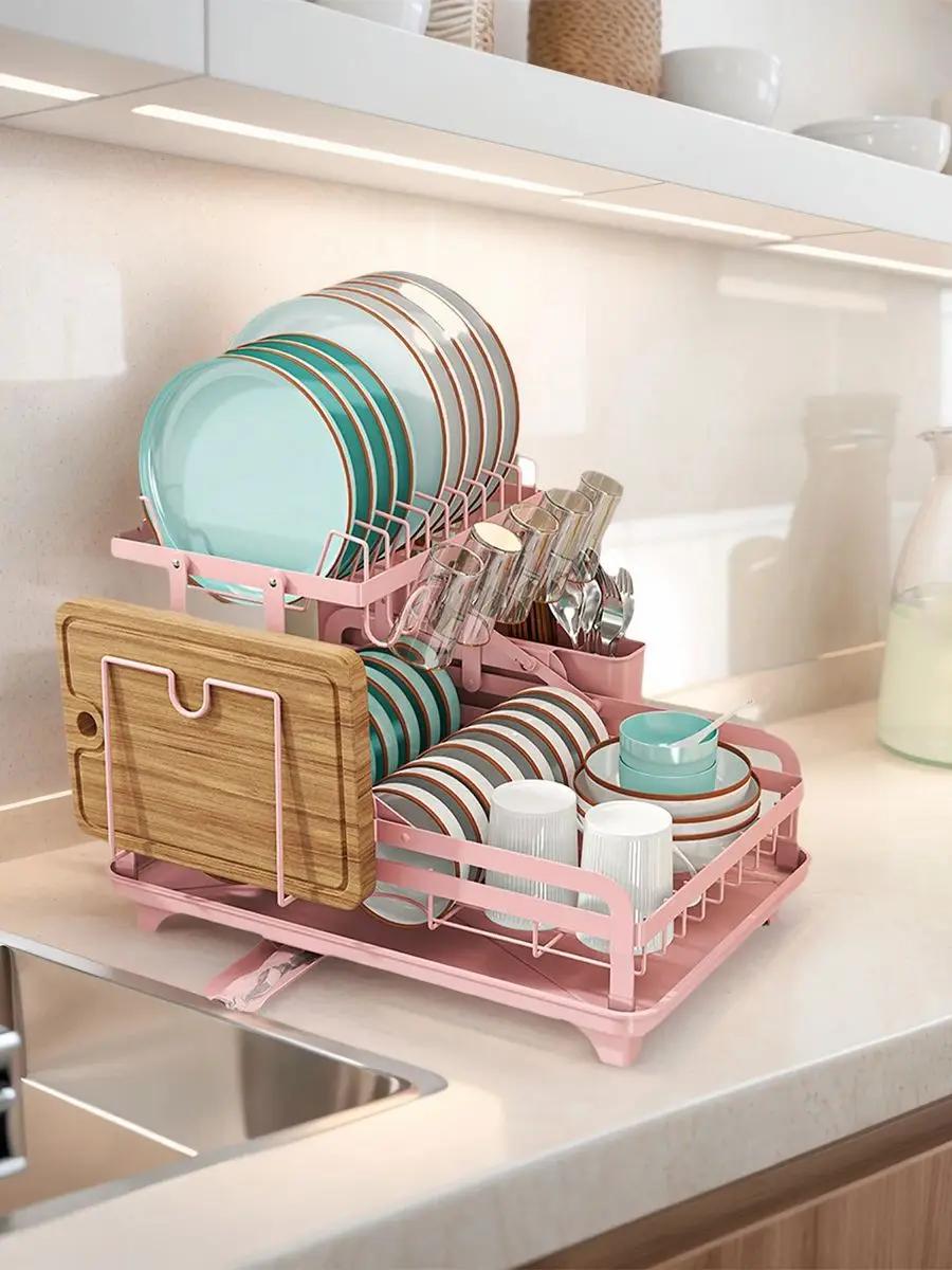 

2-Tier Dish Drying Rack, Countertop Drainer with Utensil Holder, Cutting Board Rack & Drain Tray, Stainless Kitchen Organizer