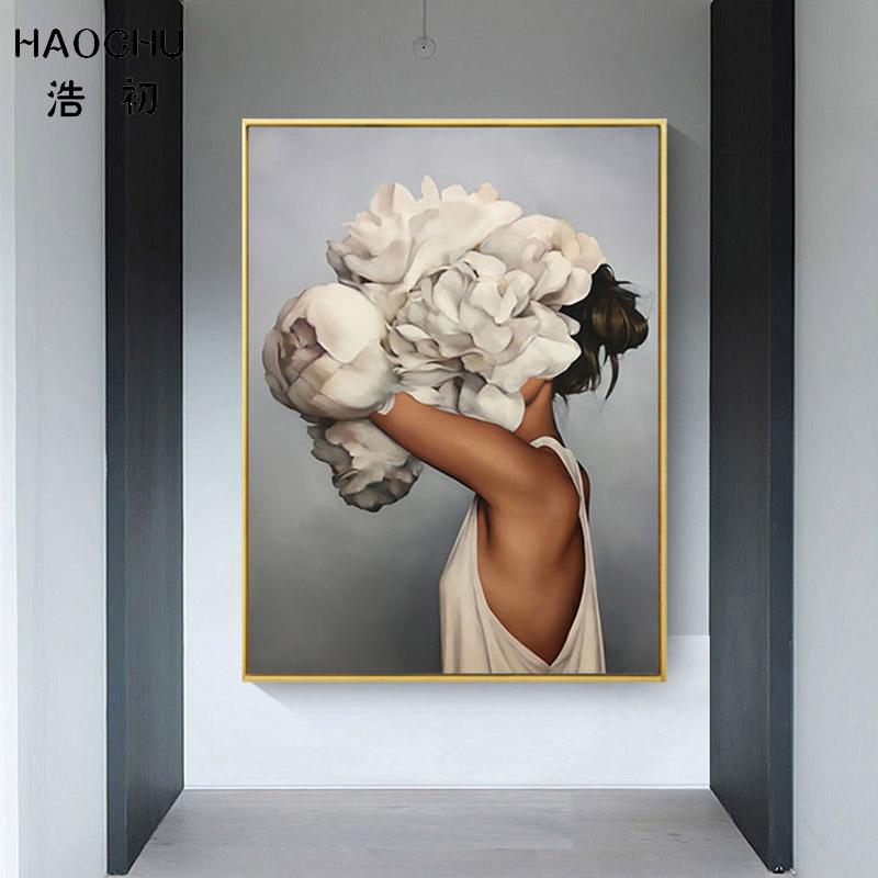 HAOCHU Posters and Prints Flowers Feather Sexy Women Character Canvas Painting Wall Pictures For Living Room Home Decoration
