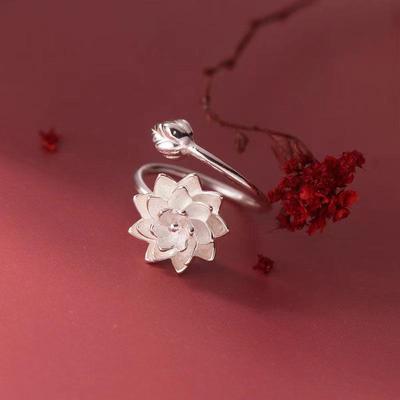 Lotus Pure Adjustable Flower Ring - Elegant Chinese Style for Girls