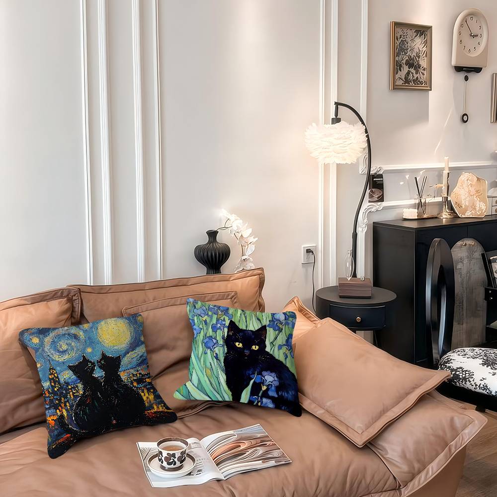 Black Cat Van Gogh Pillow Cushion Cover Pillowcase Living Room Sofa Home Decor Customized