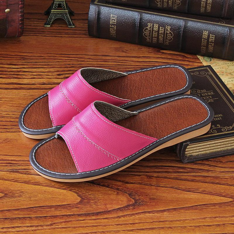 Pantofle z pravé kůže Unisex Halová domácí obuv Dámské ploché 2024 Klasické šicí pantofle Dámské kožené boty