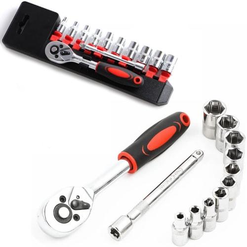 

LSLANSOON 12-Piece Socket Wrench Set (Hexagon with Holder), 6.35mm (1/4 ) Drive, Socket Wrench, Ratchet Wrench, Ratchet Set, Handlebar, Vehicle Mainte
