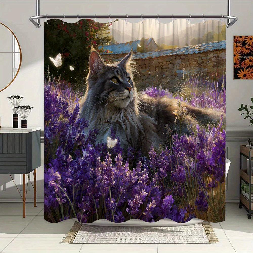 1Pc Maine Coon Cat Shower Curtain - Extra Long Bath Curtain With Lavender Field, Butterflies, Rustic Stone Wall - Gray & White