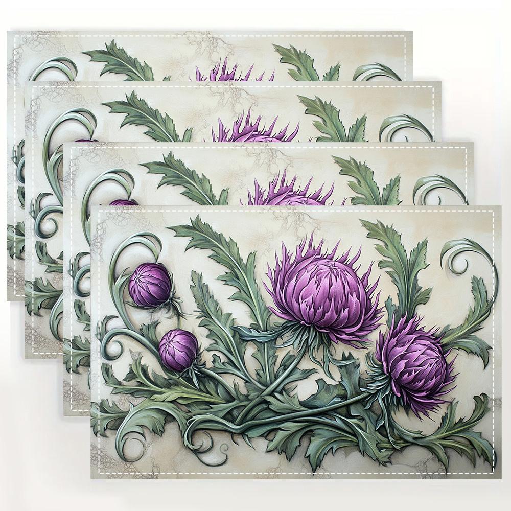 4pc s, Scottish purple thistle placemats, fashion print pattern table mat, for dining table, kitchen, party, indoor, holiday