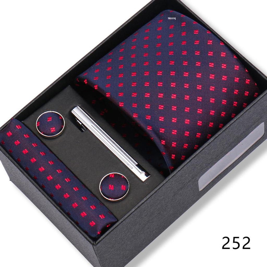Men's Black & Wine Red Striped Plaid Tie Set with Pocket Square - Formal Wedding Gift Box