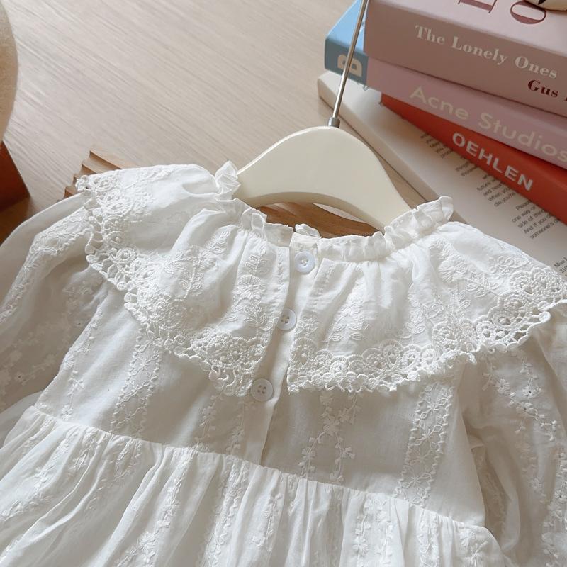 Girls Spring Autumn Embroidered Collar Ruffle Long Sleeve Princess Dress Elegant Party Wear