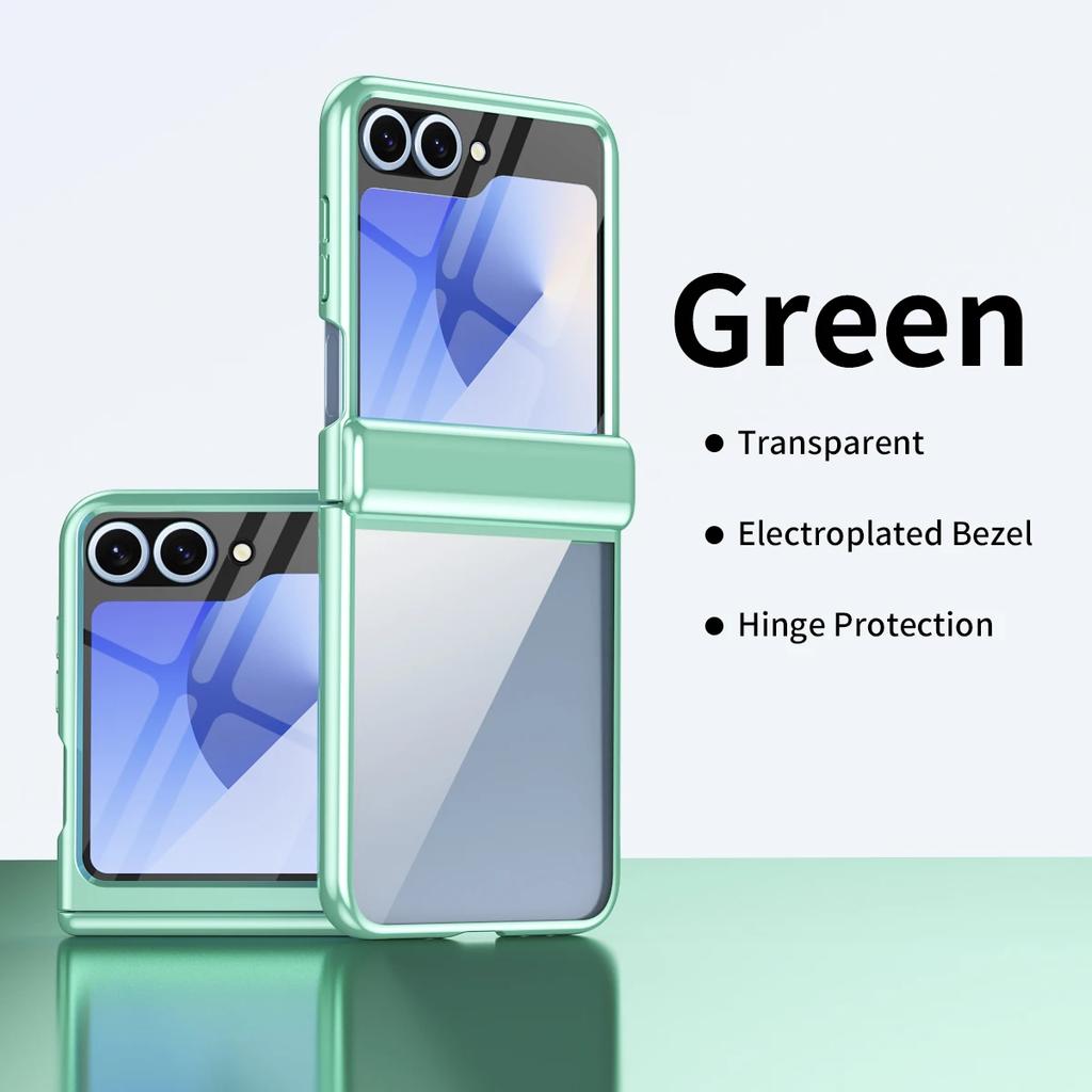 Electroplated Transparent Phone Case for Samsung Galaxy Z Flip 7 Fe 6 5 4 with Hinge Protection and Tempered Film Cover