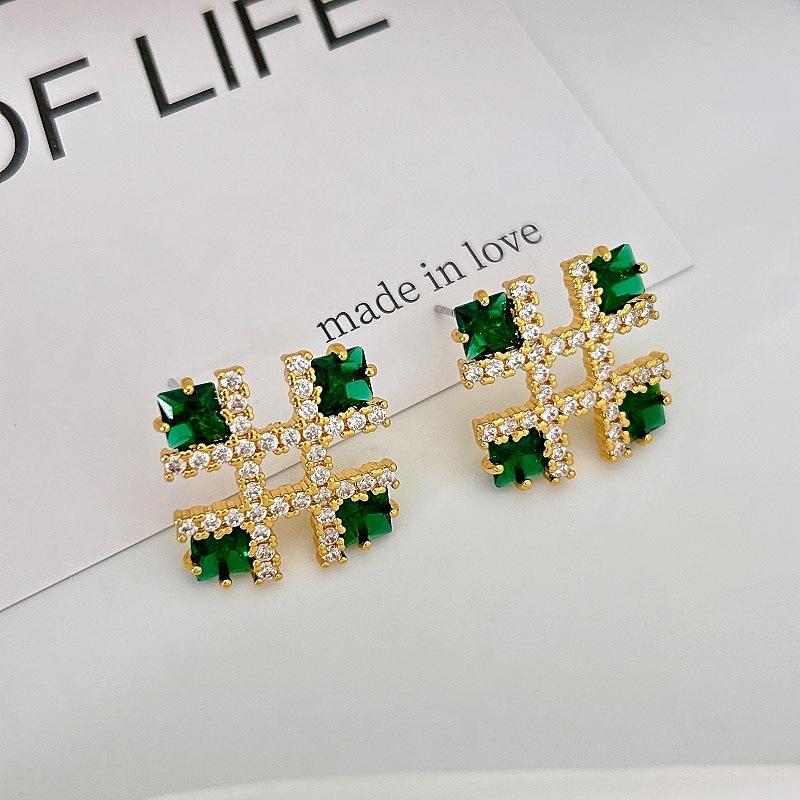 High Sense Geometric Square Zircon Stud Earrings Gentle And Elegant Temperament Grandmother Green Zircon Stud Earrings Versatile Earrings Women