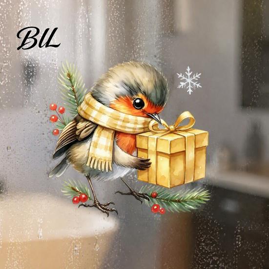 Creative Gift Ideas Christmas Bird Static Window Sticker, Cute Watercolor Glass Stickers with Pine Branch, PVC Waterproof Film Clings for Holiday