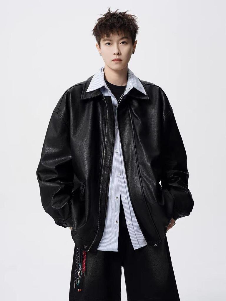 Men's Retro High Street Motorcycle Leather Jacket - Autumn/Winter Loose-Fit Lapel Coat