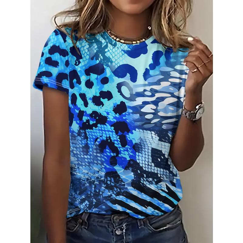 This Picture of Women s Casual Short-sleeved T-shirt Is Mainly Blue and White Animal Print Patterns, Including Leopard Print, Zebra Print, Etc S