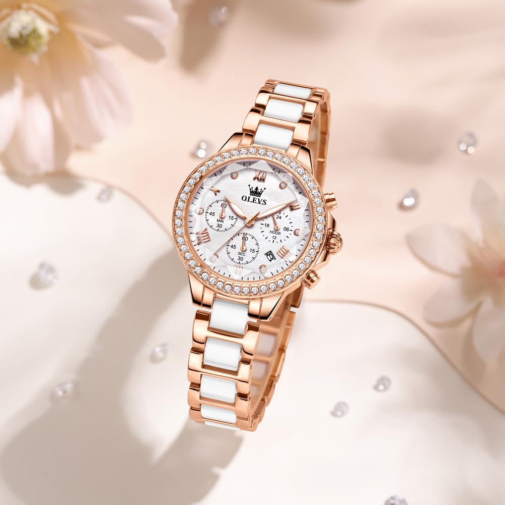 OLEVS Women's Watch Waterproof Popular Rose Gold Quartz Analog Fashion Business Wristwatch Lightweight Pink Gold White Mother-of-Pearl Dial, Olevs