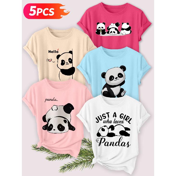 Five-piece set Elegant short-sleeved shirt for women Panda series printed round-neck women's short-sleeve shirt is suitable for spring and summer