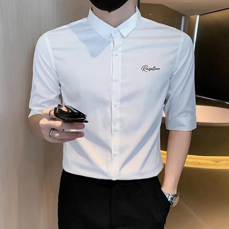 Summer Elastic Embroidered Thin Shirt for Men Slim Korean Style Youth 7-quarter Sleeve Casual Business Professional White Shirt