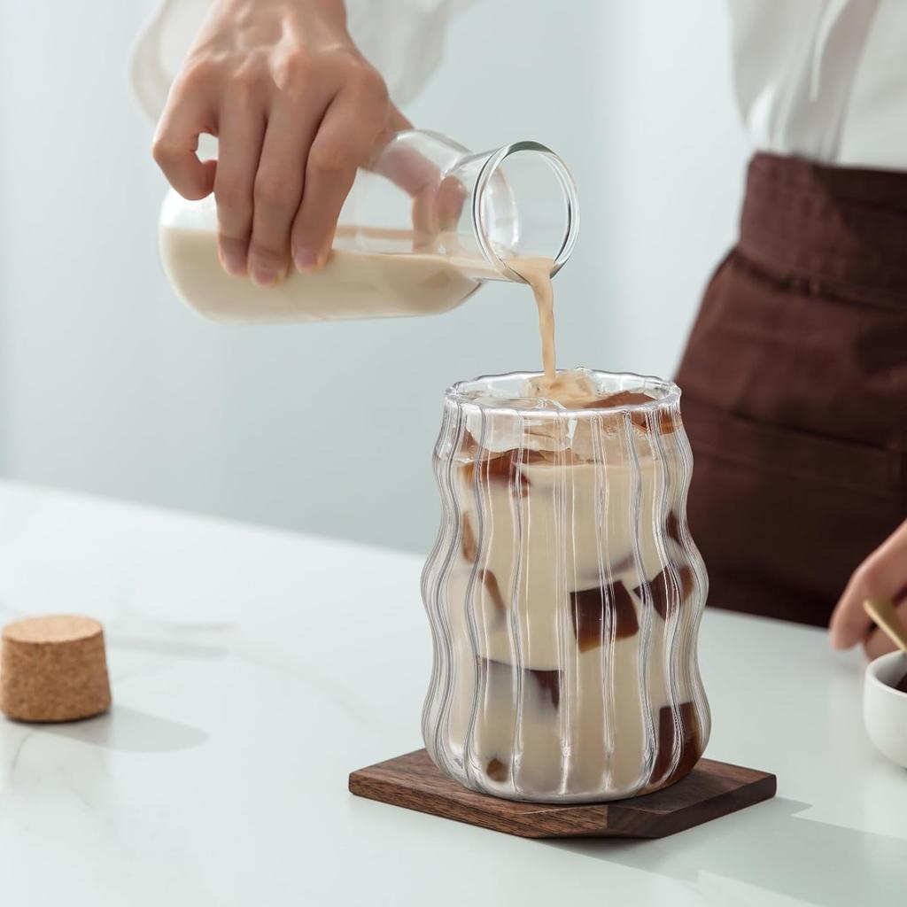 4 Pcs Creative Glassware Set Wave Shape Drinking Glasses with Glass Straw Aesthetic Cups Vintage Ribbed Glass Cups Cute Drinking Glasses for Tea Beer