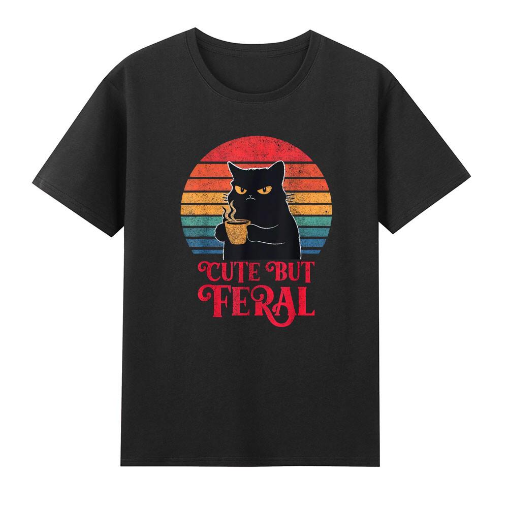Cute But Feral Funny Cat Drinking Coffee Pattern Tshirt S