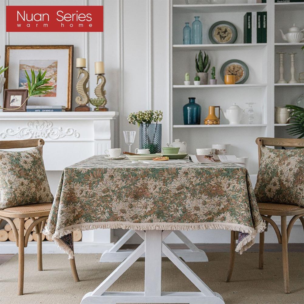 1PC Nuan Series Artistic Jacquard Romantic Style Polyester Tablecloth with Tassels for Dining Table Coffee Table Makeup Table Home Decor
