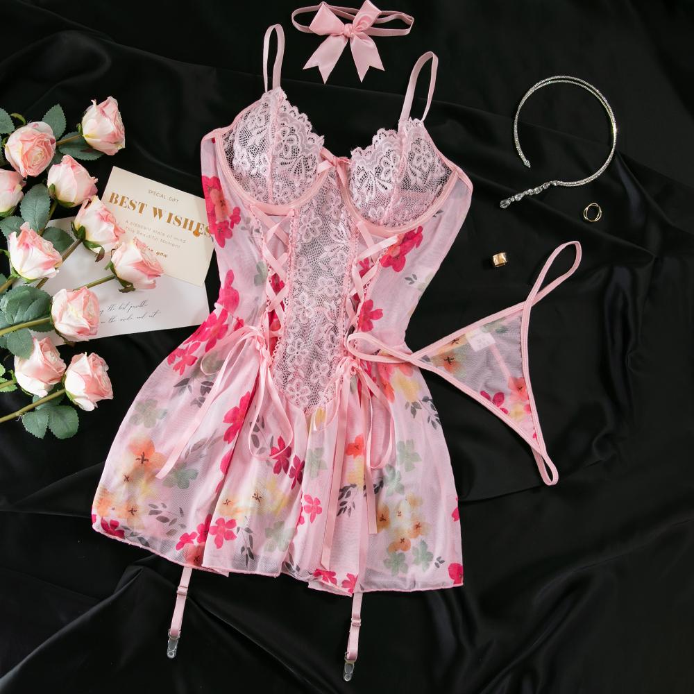 Yimunancy Floral Print Nightdress Women Lace Up 3-Piece Pink Patchwork Lace Nightgown Sexy Transparent Bra Set