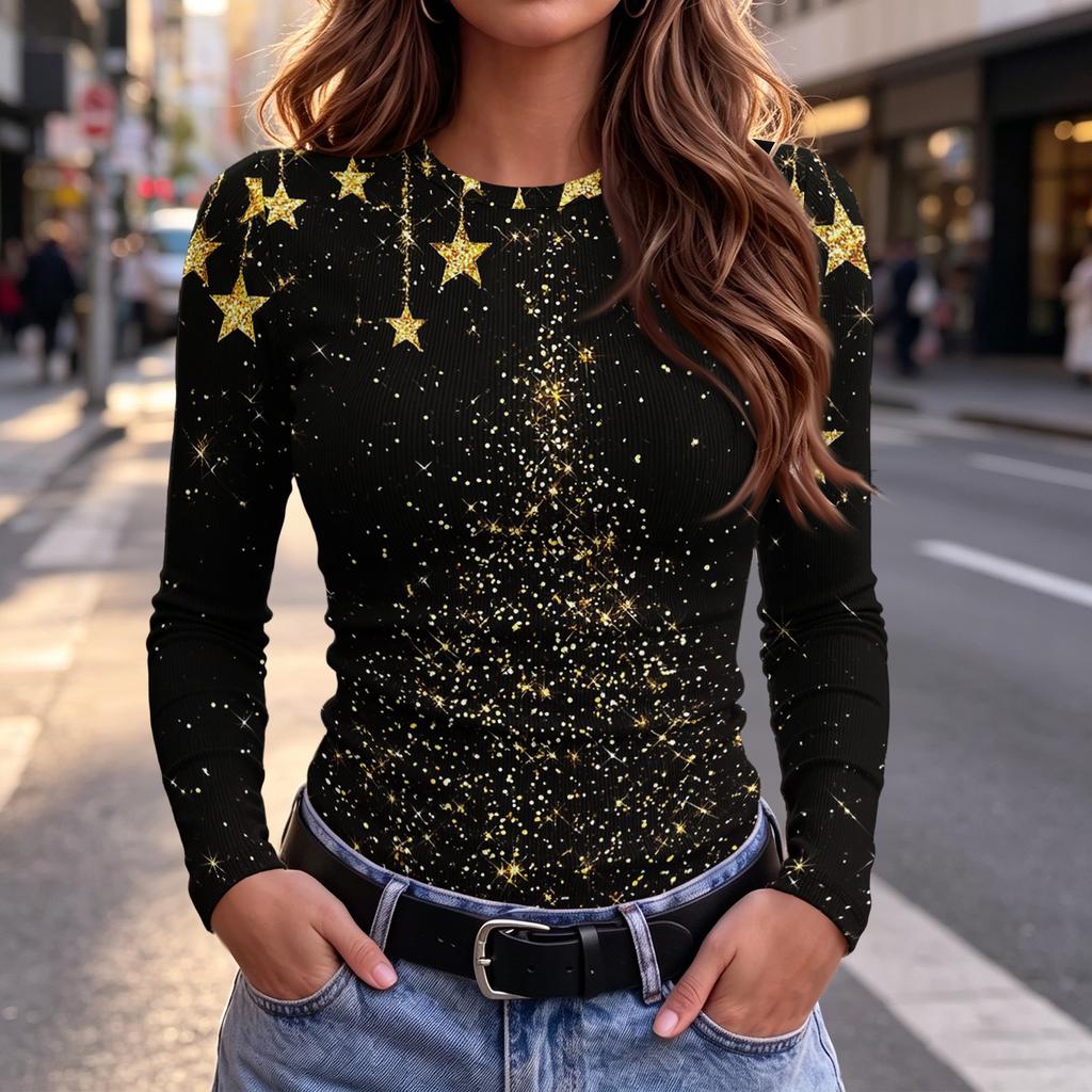 Women's Casual Slim Fit Long Sleeve Crewneck T-Shirt with Christmas Print for Holiday Party
